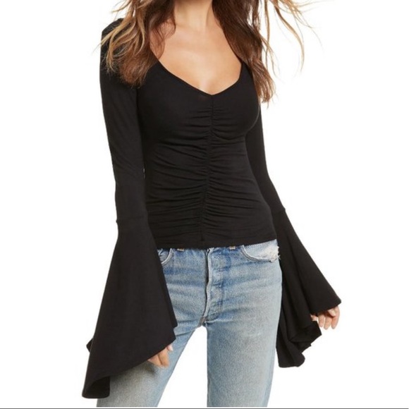 FREE PEOPLE black V-neck gathered front long bell sleeve top shirt - Picture 3 of 12